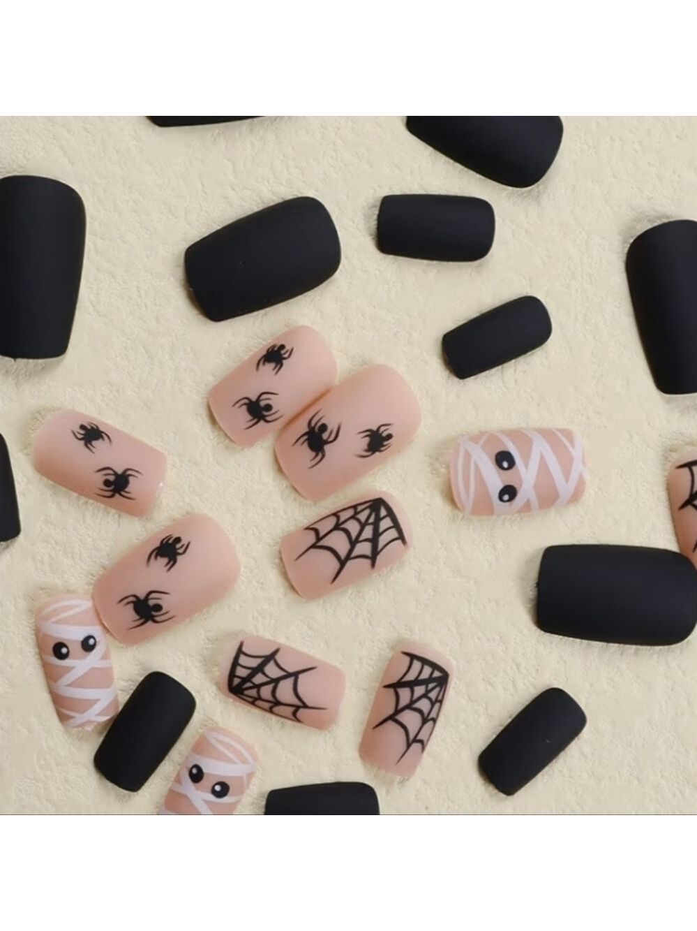 2/$10 Halloween Mummy & Spider Matte Nail Set - Black & Nude - Picture 2 of 7
